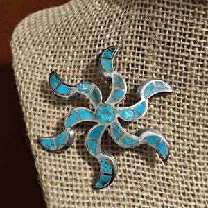Native American Zuni Genuine Turquoise and Silver Spiritual Sunburst Brooch